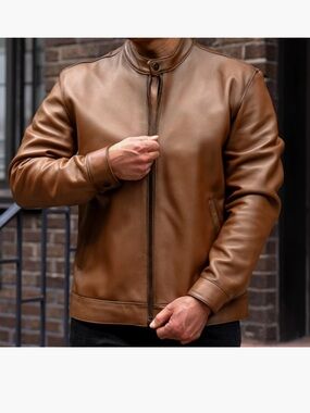 Thursday Men's Tan Leather Racer Zip-Up Jacket